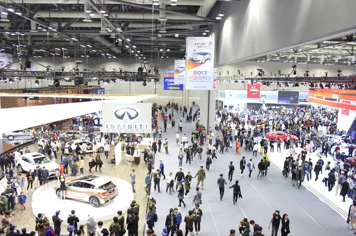 Exhibitors and visitors at the 2017 Seoul Motor Show in Goyang, South Korea.